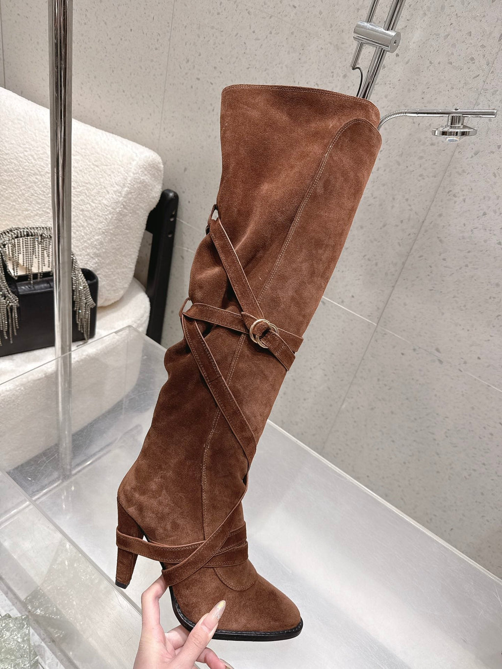 YSL 26S JANIS KNEE-HIGH BOOTS 90 MM IN BROWN SUEDE
