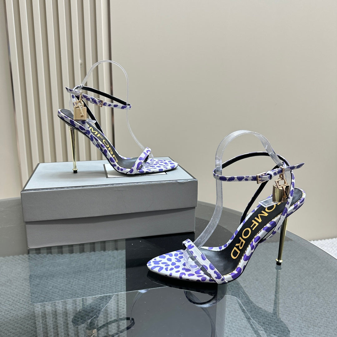 PADLOCK POINTY SANDAL 10 CM IN WHITE MIX IRIS PURPLE CALFSKIN