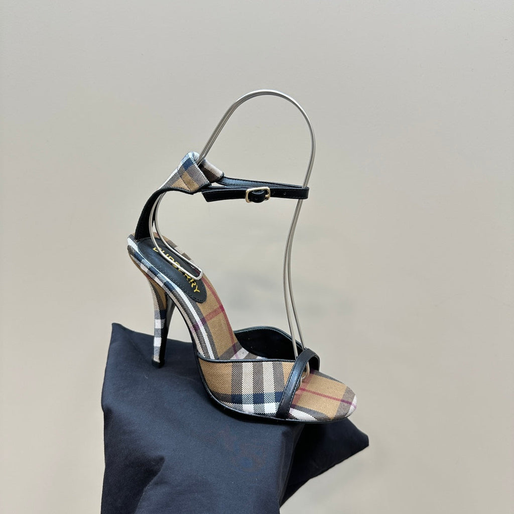BURBERRY 26S HIGH-HEELED SANDALS 85 MM IN STRIPED LIGHT BROWN FABRIC