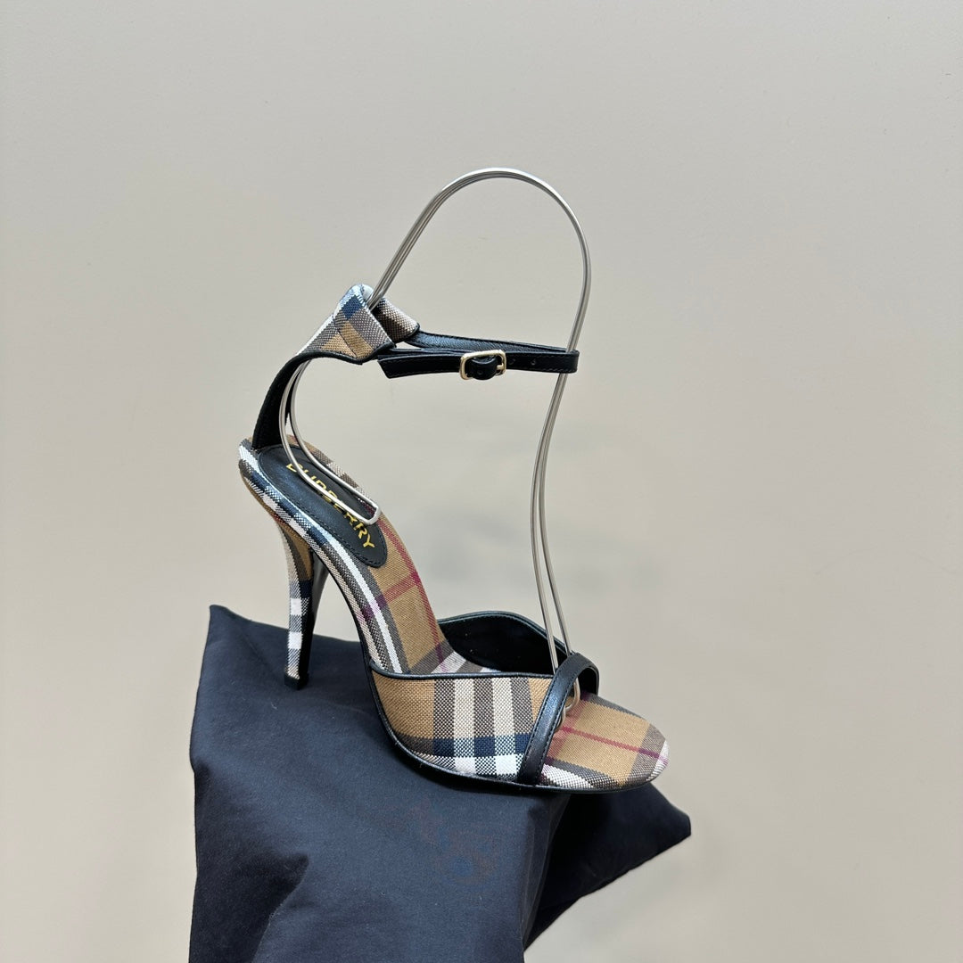 BURBERRY 26S HIGH-HEELED SANDALS 85 MM IN STRIPED LIGHT BROWN FABRIC
