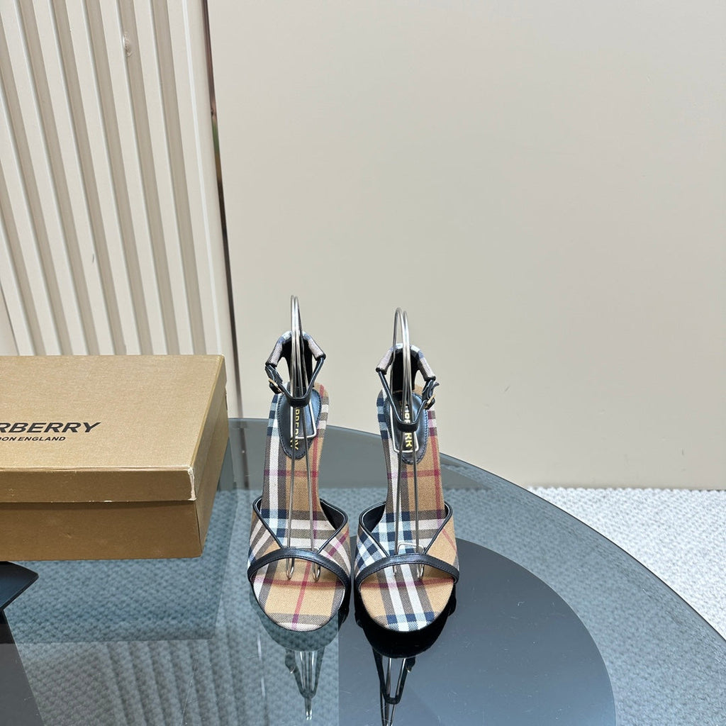BURBERRY 26S HIGH-HEELED SANDALS 85 MM IN STRIPED LIGHT BROWN FABRIC