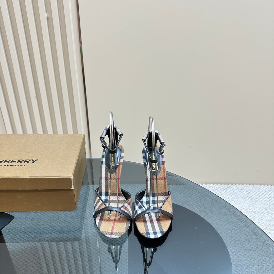 BURBERRY 26S HIGH-HEELED SANDALS 85 MM IN STRIPED LIGHT BROWN FABRIC