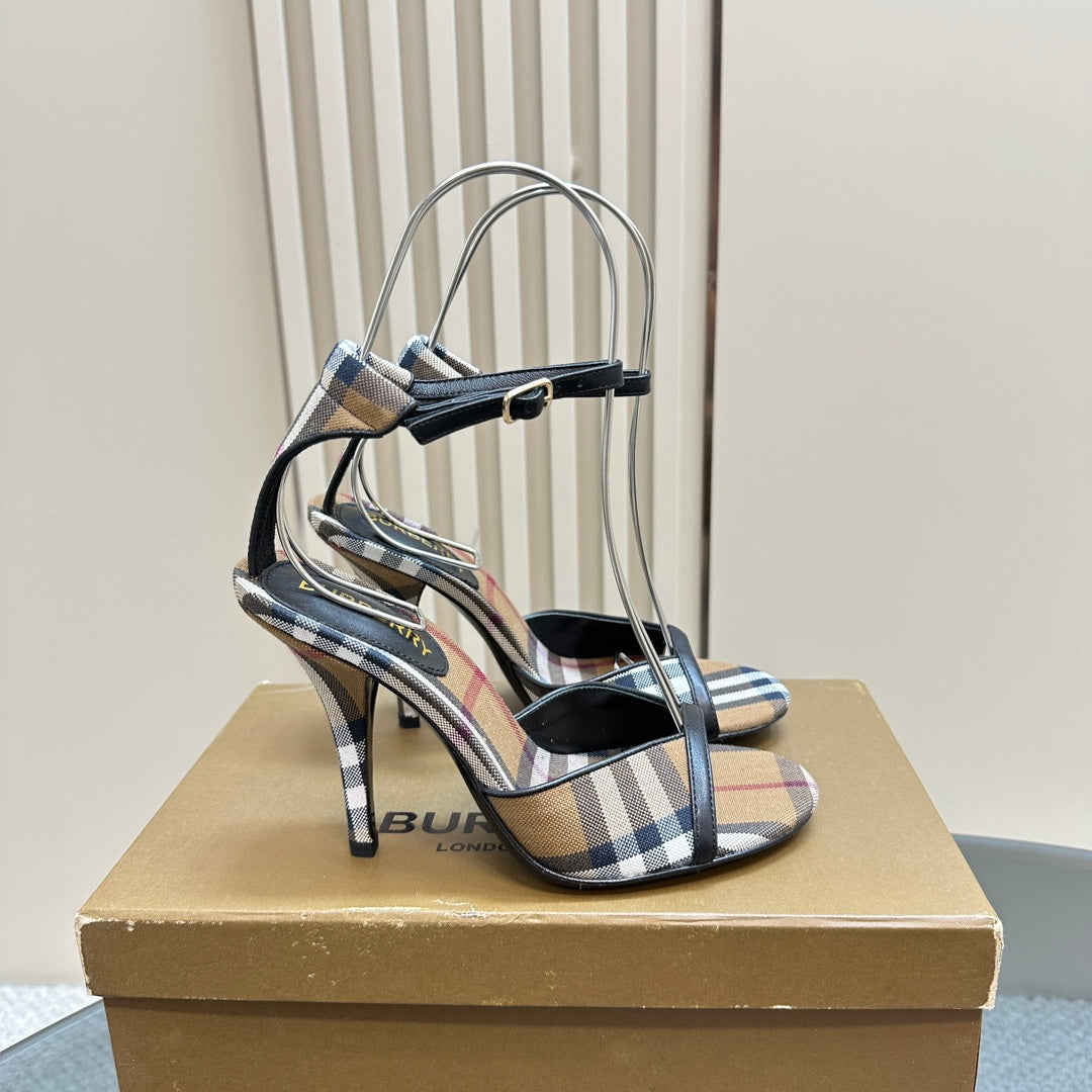 BURBERRY 26S HIGH-HEELED SANDALS 85 MM IN STRIPED LIGHT BROWN FABRIC