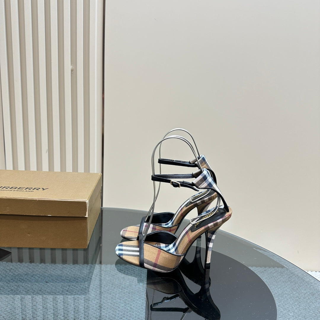 BURBERRY 26S HIGH-HEELED SANDALS 85 MM IN STRIPED LIGHT BROWN FABRIC