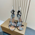 BURBERRY 26S HIGH-HEELED SANDALS 85 MM IN STRIPED LIGHT BROWN FABRIC