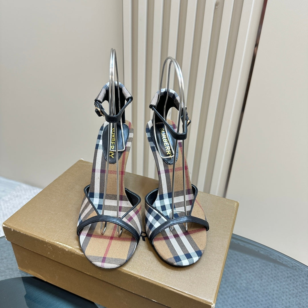 BURBERRY 26S HIGH-HEELED SANDALS 85 MM IN STRIPED LIGHT BROWN FABRIC