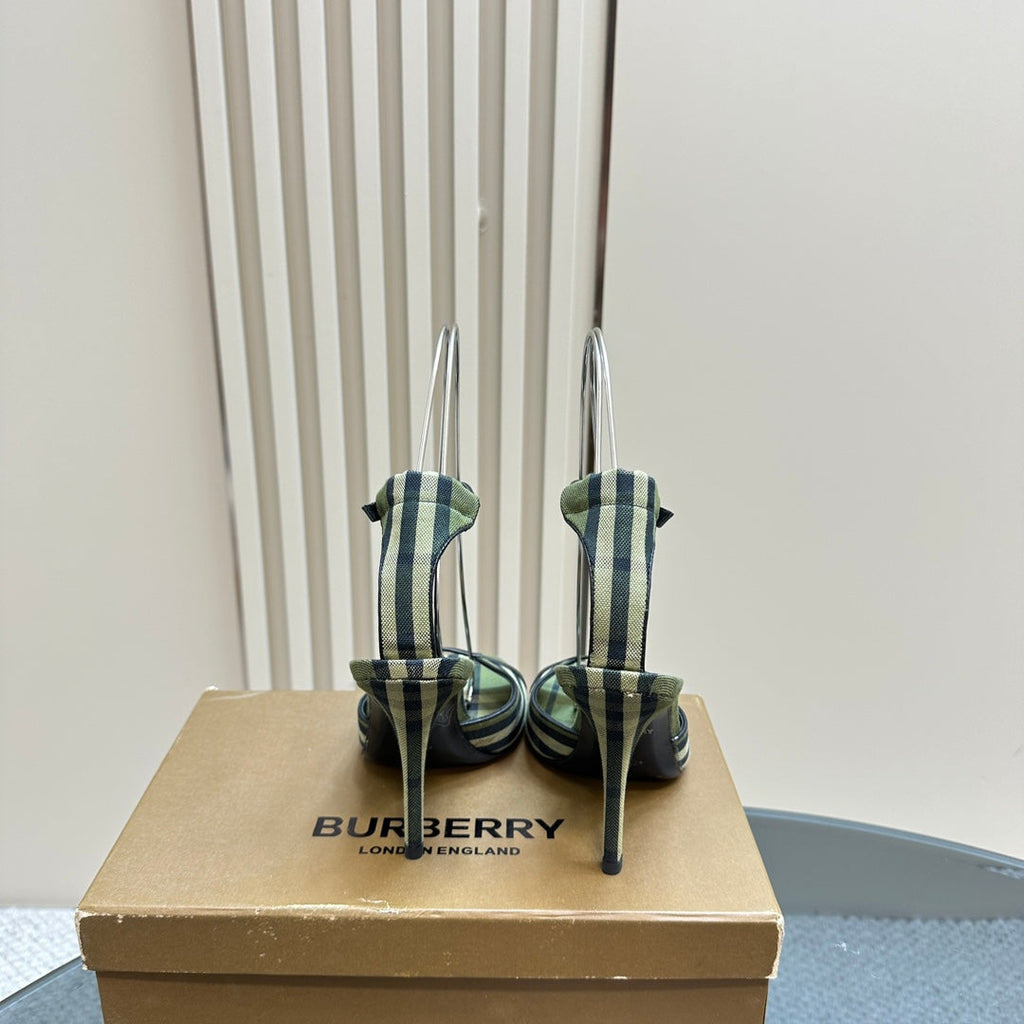 BURBERRY 26S HIGH-HEELED SANDALS 85 MM IN STRIPED GREEN FABRIC