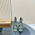 BURBERRY 26S HIGH-HEELED SANDALS 85 MM IN STRIPED GREEN FABRIC