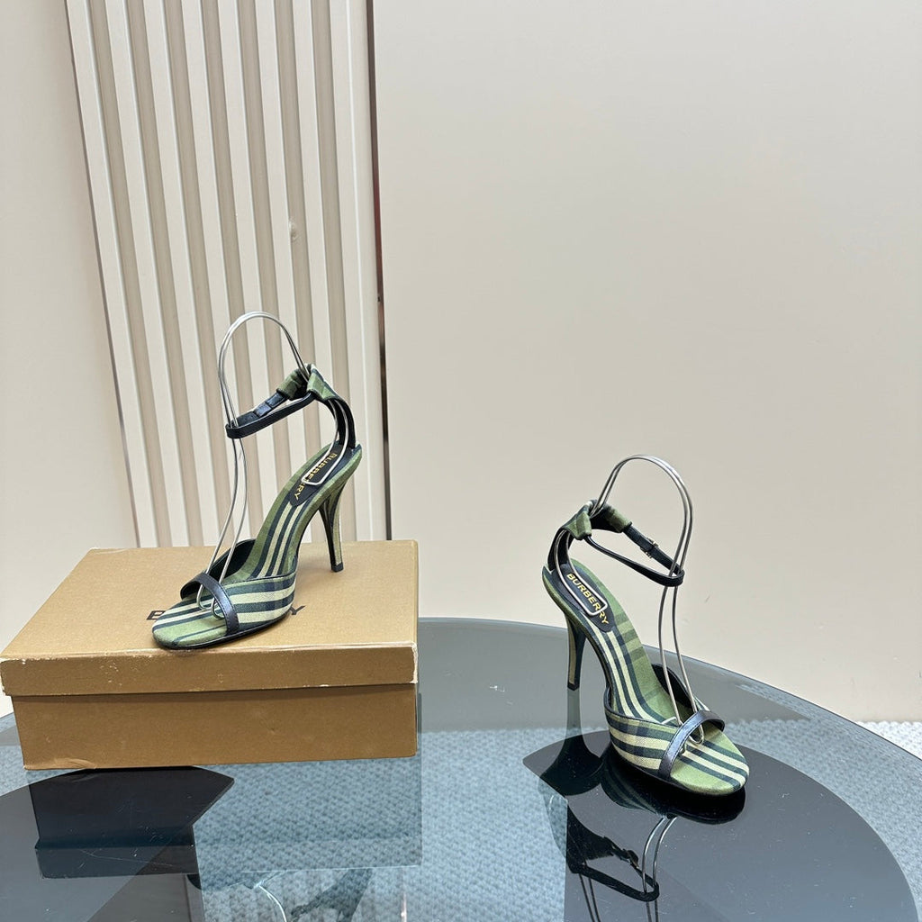 BURBERRY 26S HIGH-HEELED SANDALS 85 MM IN STRIPED GREEN FABRIC