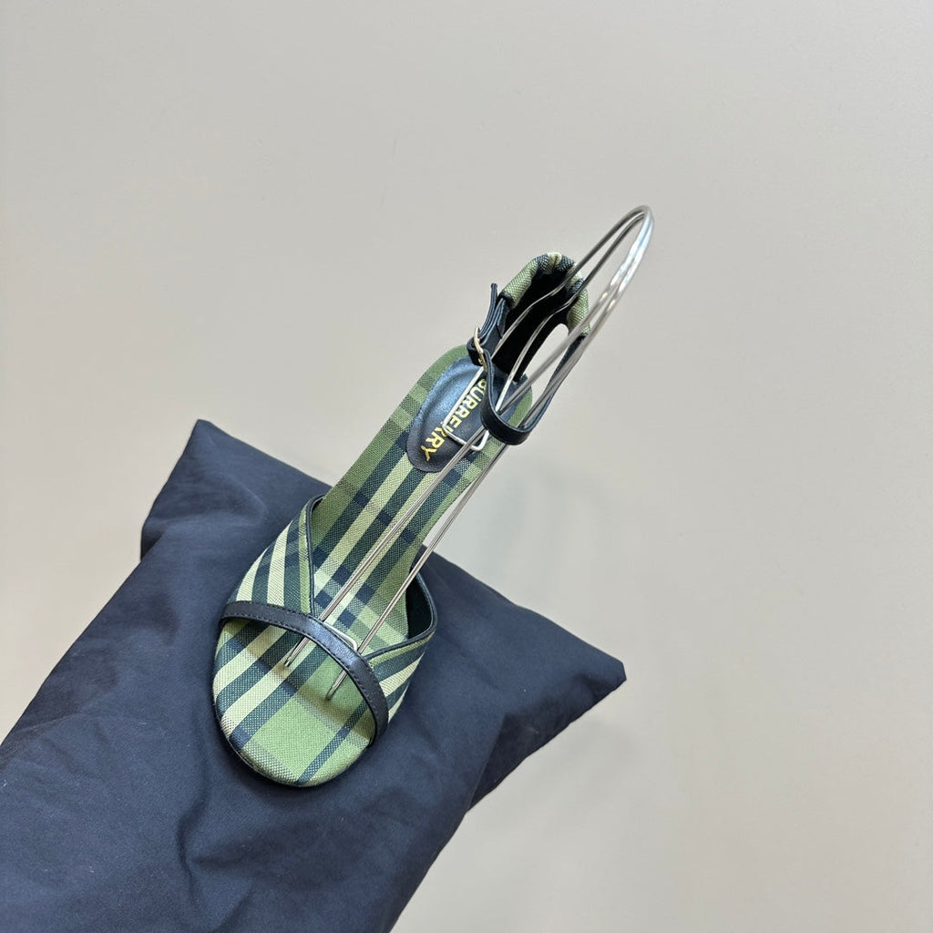 BURBERRY 26S HIGH-HEELED SANDALS 85 MM IN STRIPED GREEN FABRIC