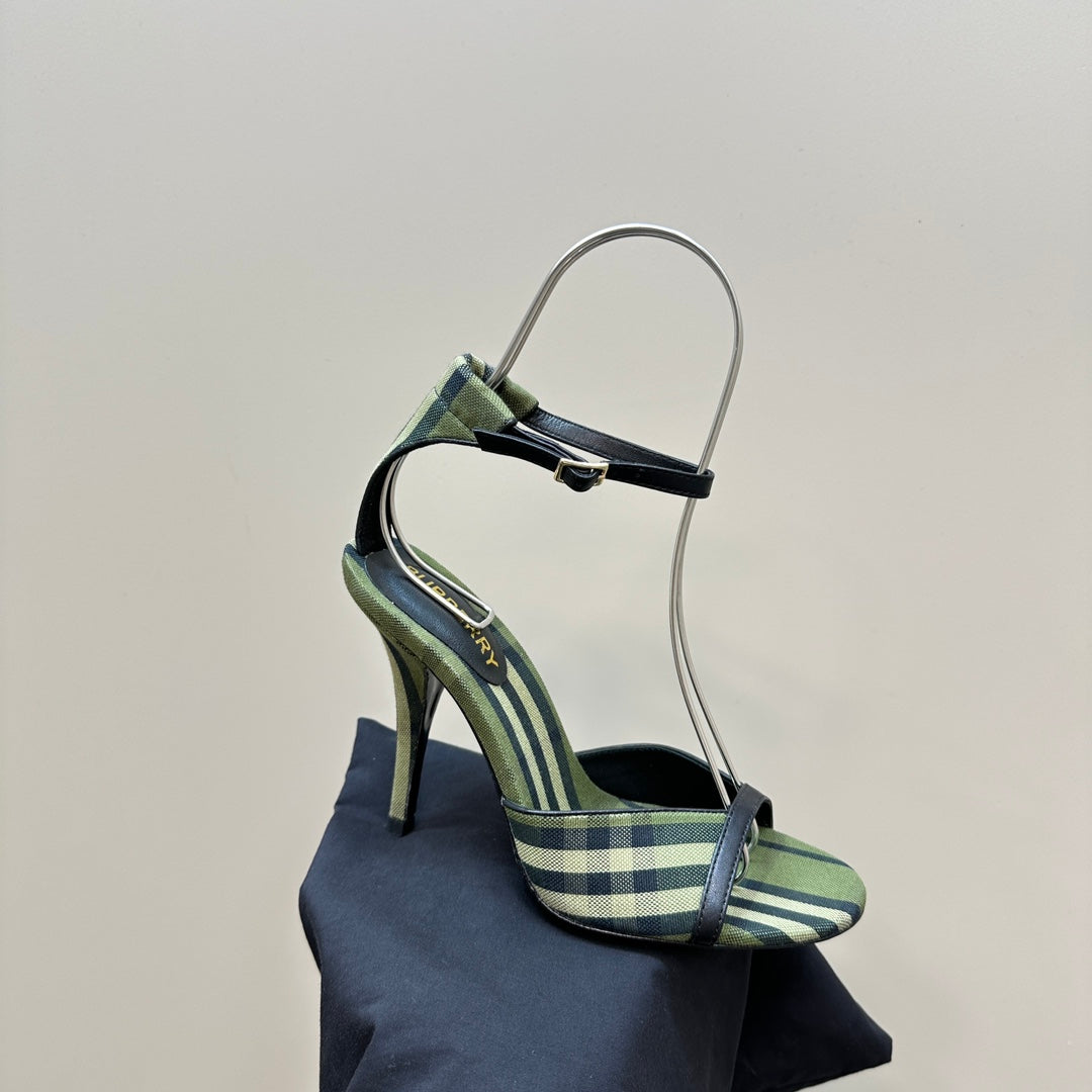 BURBERRY 26S HIGH-HEELED SANDALS 85 MM IN STRIPED GREEN FABRIC