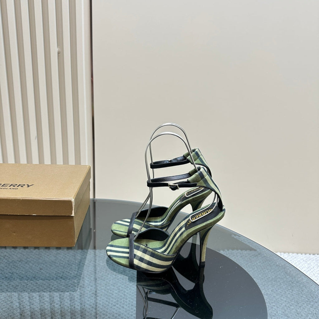 BURBERRY 26S HIGH-HEELED SANDALS 85 MM IN STRIPED GREEN FABRIC