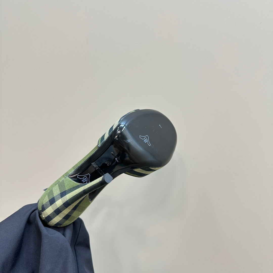 BURBERRY 26S HIGH-HEELED SANDALS 85 MM IN STRIPED GREEN FABRIC