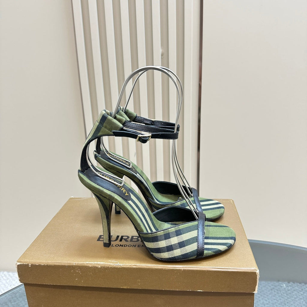 BURBERRY 26S HIGH-HEELED SANDALS 85 MM IN STRIPED GREEN FABRIC