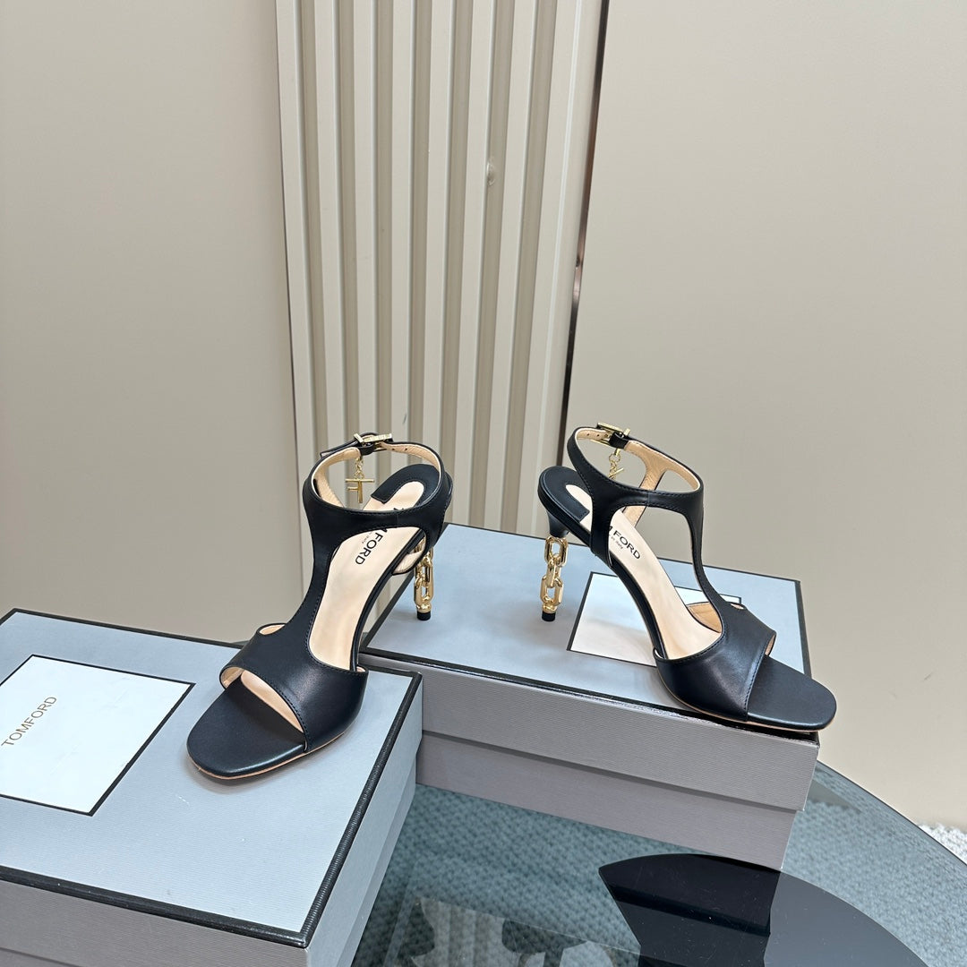 PADLOCK HIGH-HEELED SANDAL 10 CM IN BLACK CALFSKIN