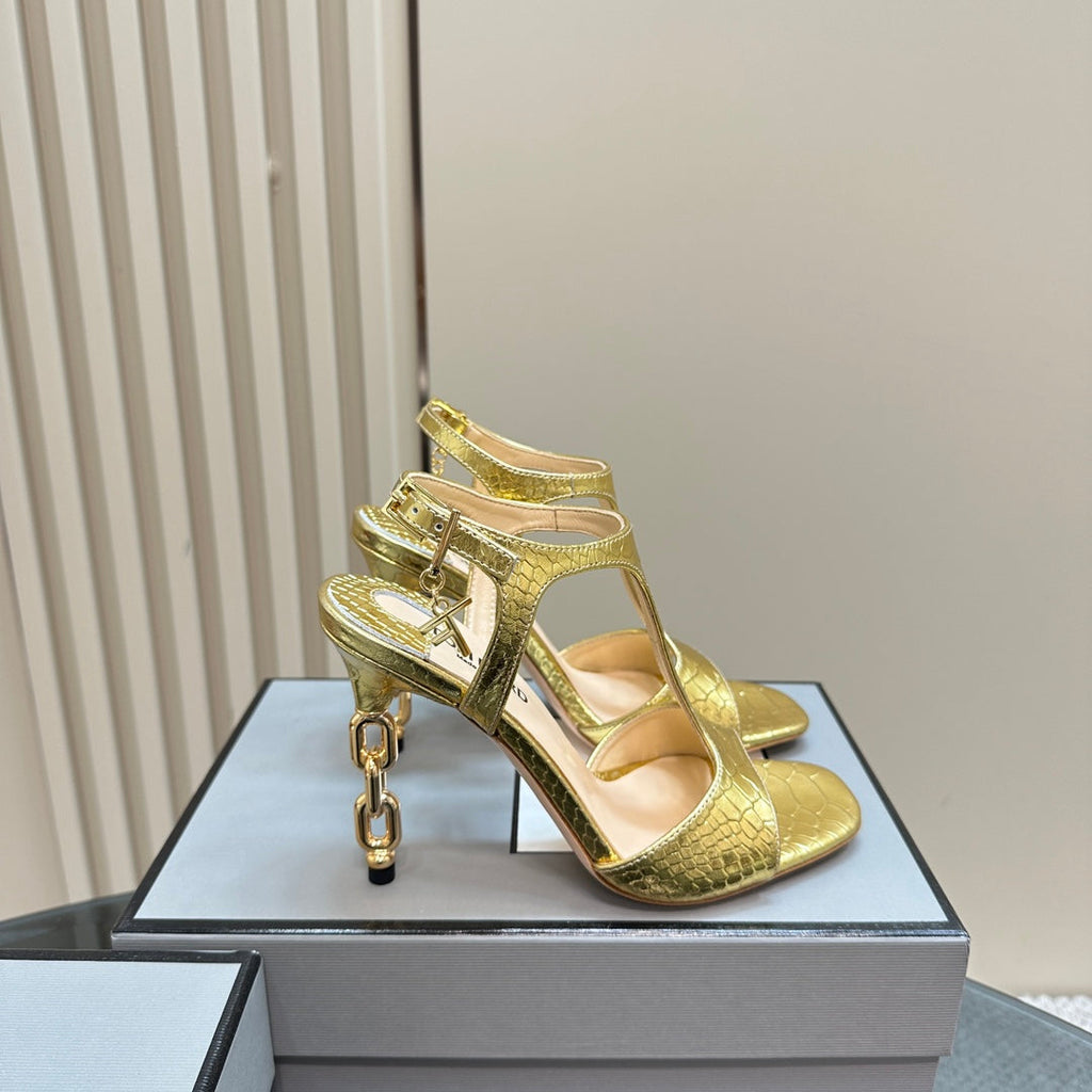 PADLOCK HIGH-HEELED SANDAL 10 CM IN LIGHT GOLD SNAKESKIN