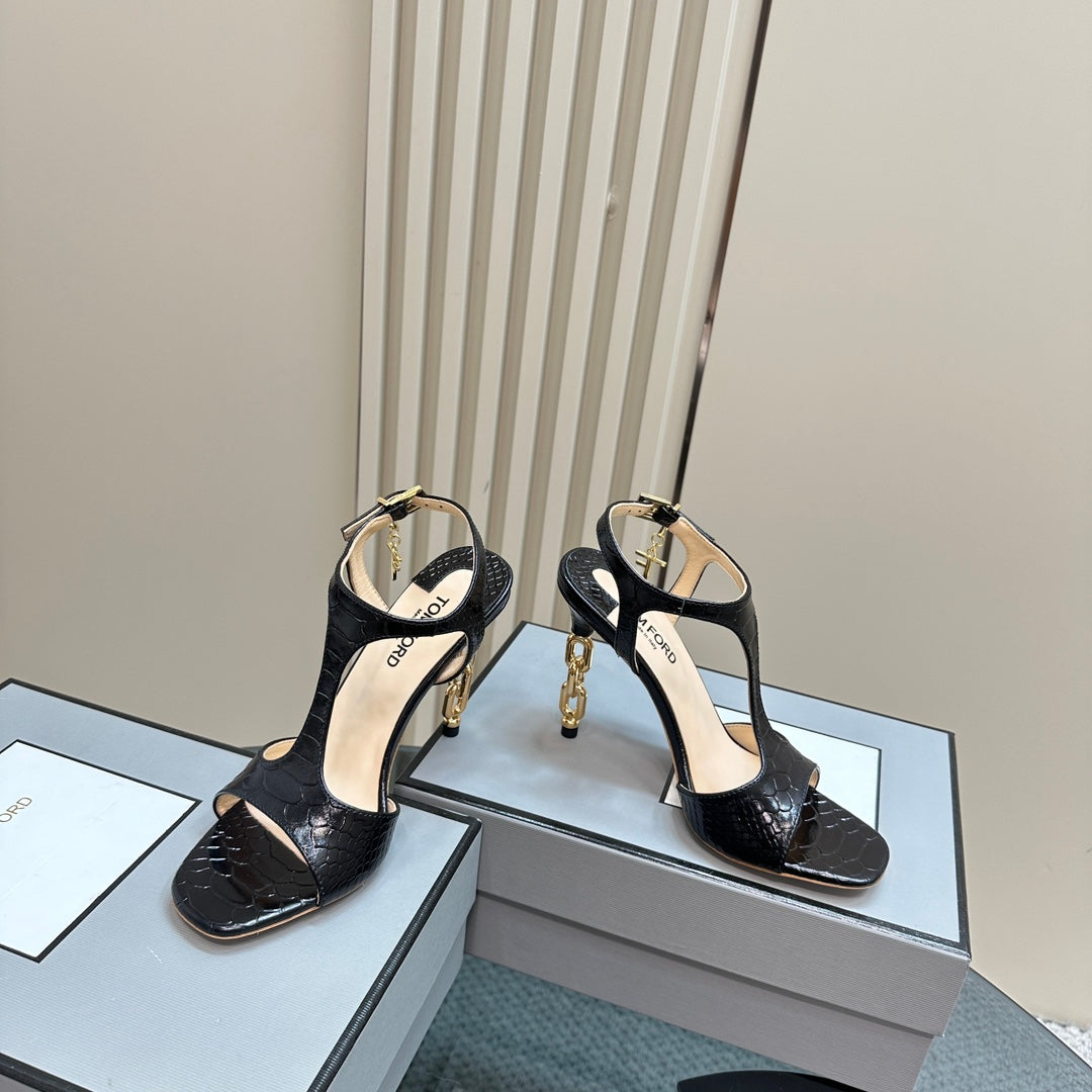 PADLOCK HIGH-HEELED SANDAL 10 CM IN BLACK SNAKESKIN