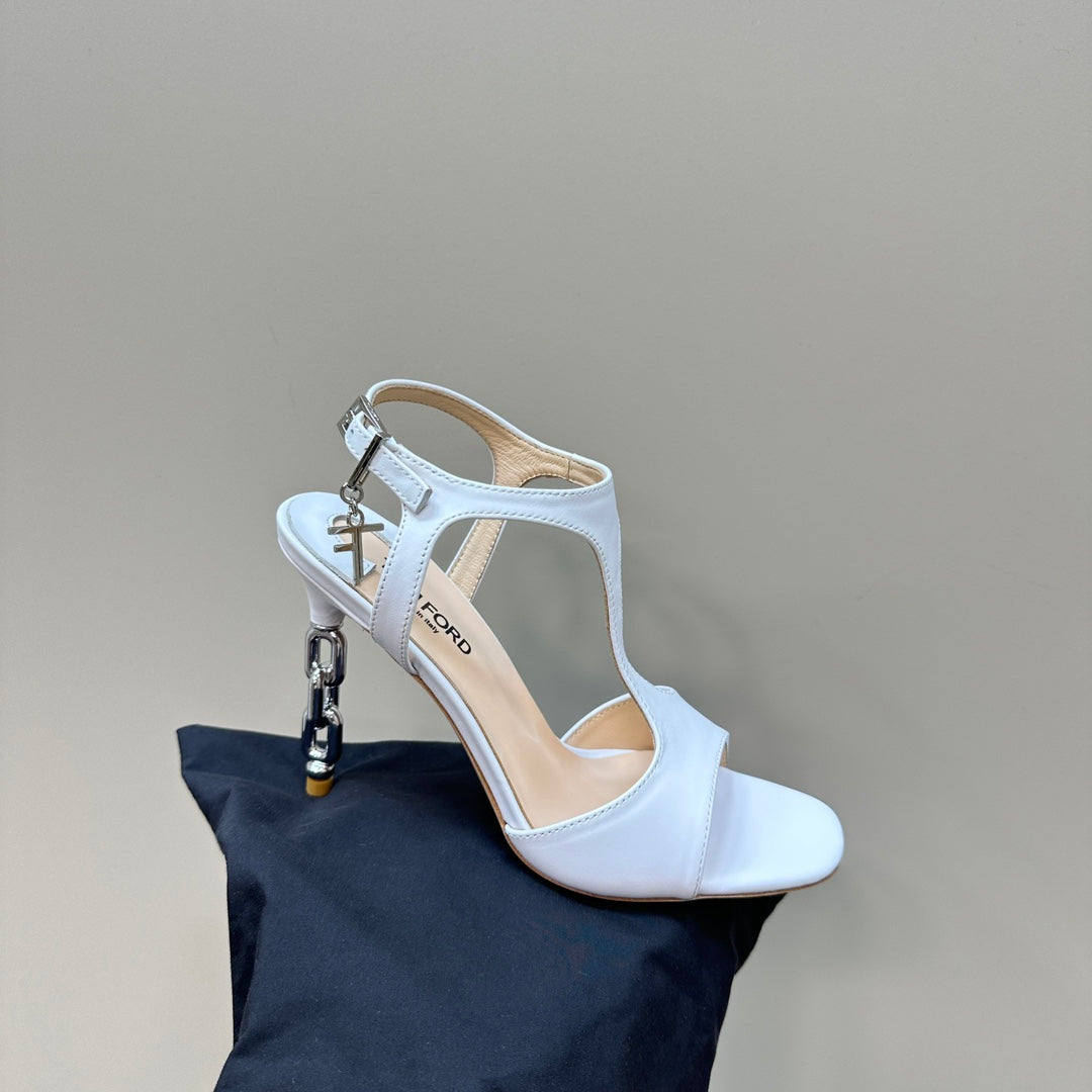 PADLOCK HIGH-HEELED SANDAL 10 CM IN WHITE CALFSKIN