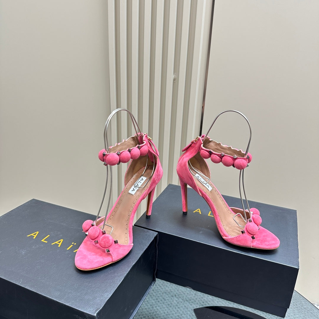 ALAIA HIGH HEEL SANDAL 10 CM IN ROSE PINK SUEDE