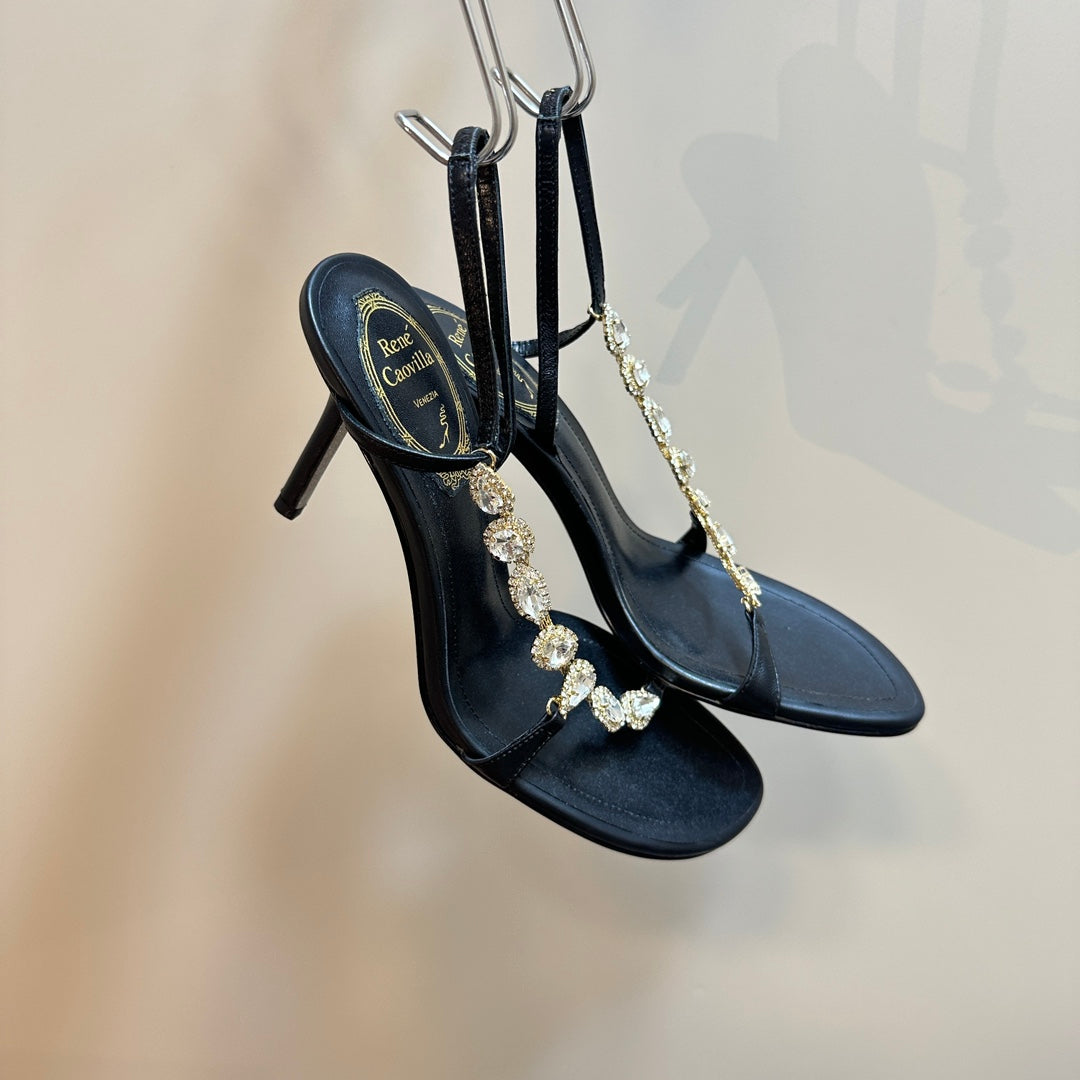 HIGH HEEL 80 MM IN BLACK CALFSKIN WITH RHINESTONES