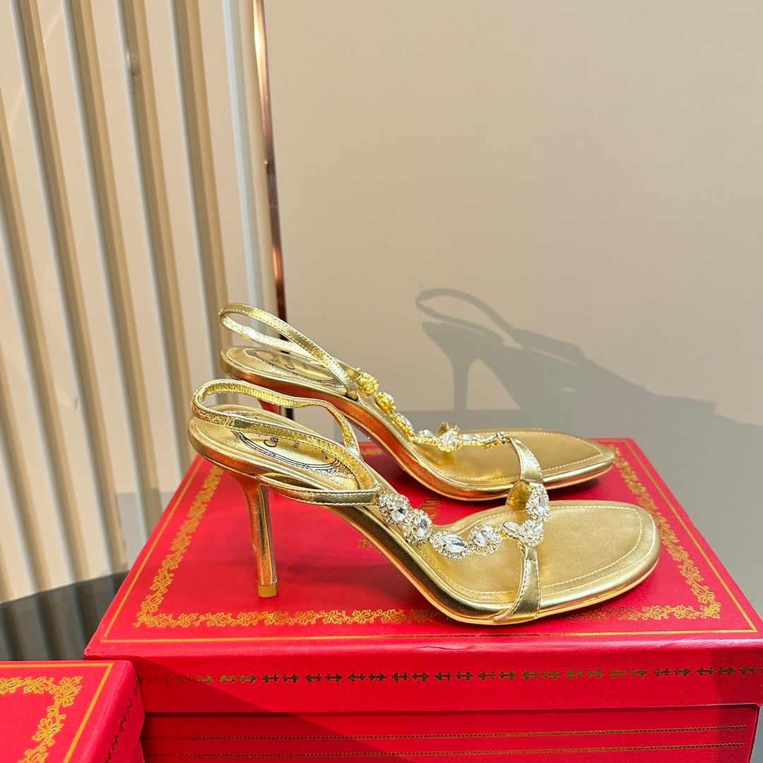 HIGH HEEL 80 MM IN GOLD CALFSKIN WITH RHINESTONES