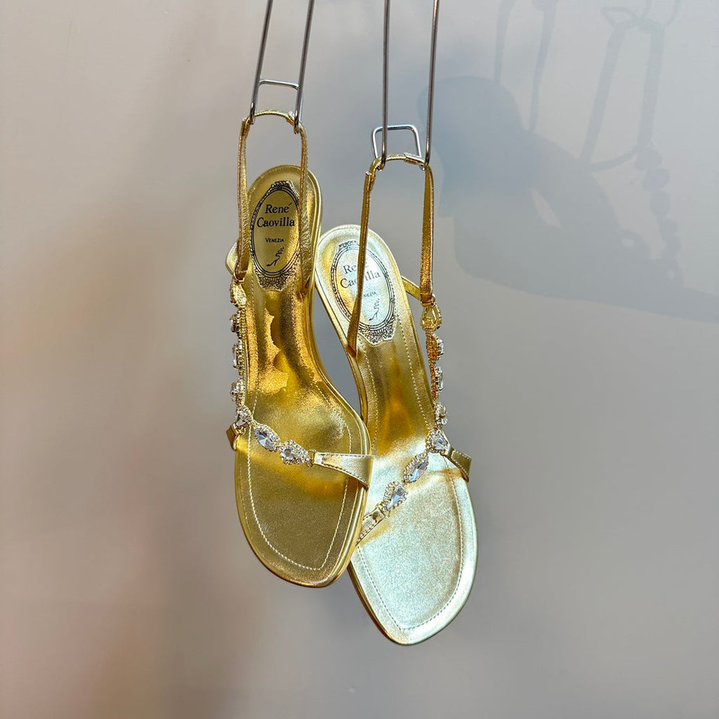 HIGH HEEL 80 MM IN GOLD CALFSKIN WITH RHINESTONES