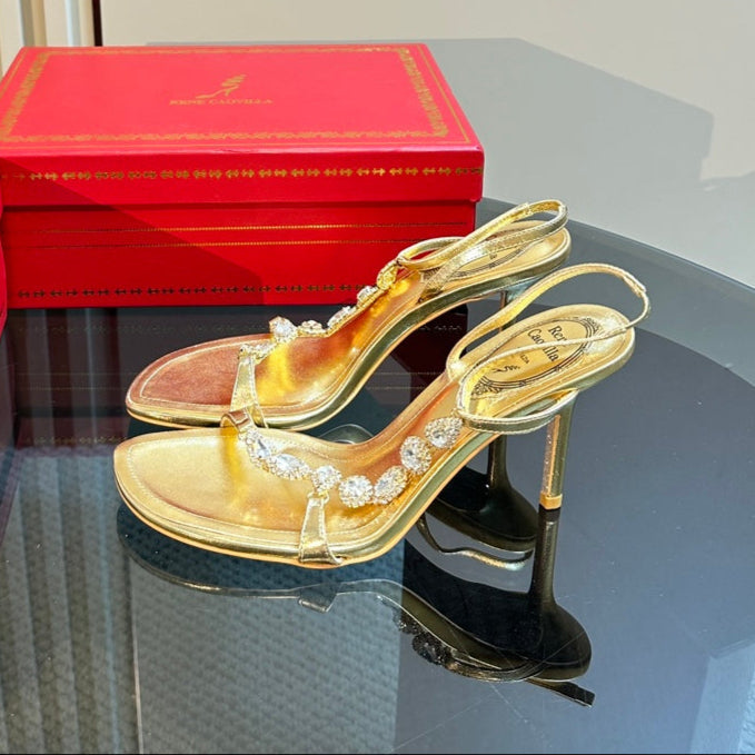 HIGH HEEL 80 MM IN GOLD CALFSKIN WITH RHINESTONES
