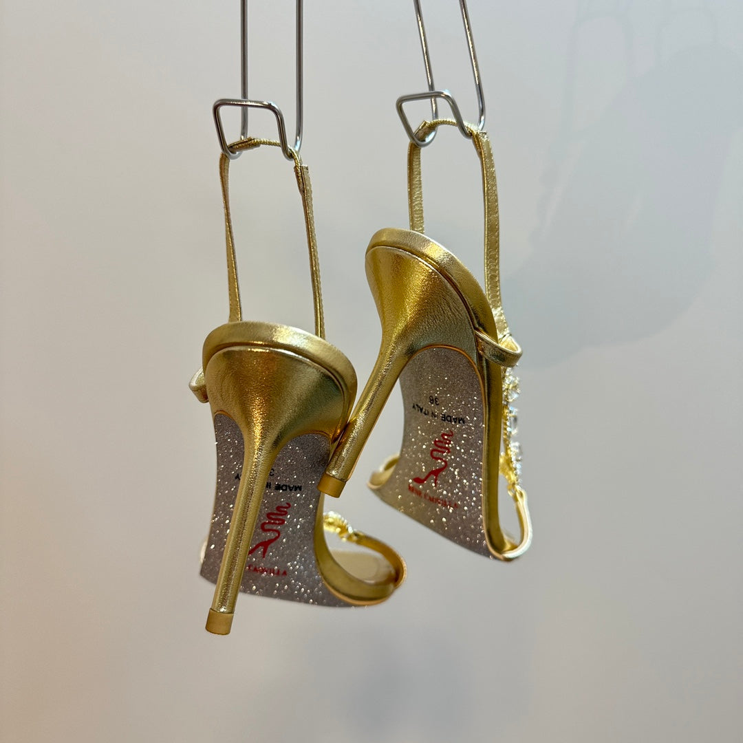 HIGH HEEL 80 MM IN GOLD CALFSKIN WITH RHINESTONES