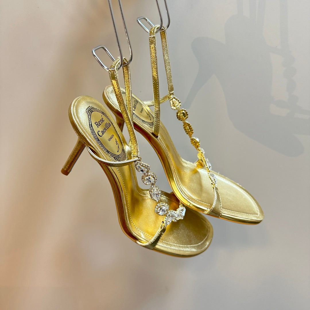 HIGH HEEL 80 MM IN GOLD CALFSKIN WITH RHINESTONES