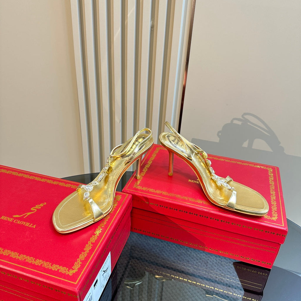 HIGH HEEL 80 MM IN GOLD CALFSKIN WITH RHINESTONES