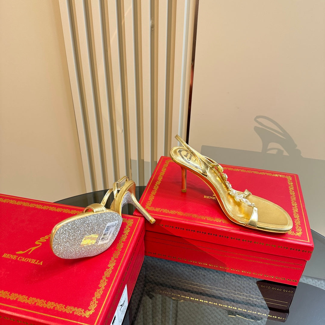 HIGH HEEL 80 MM IN GOLD CALFSKIN WITH RHINESTONES
