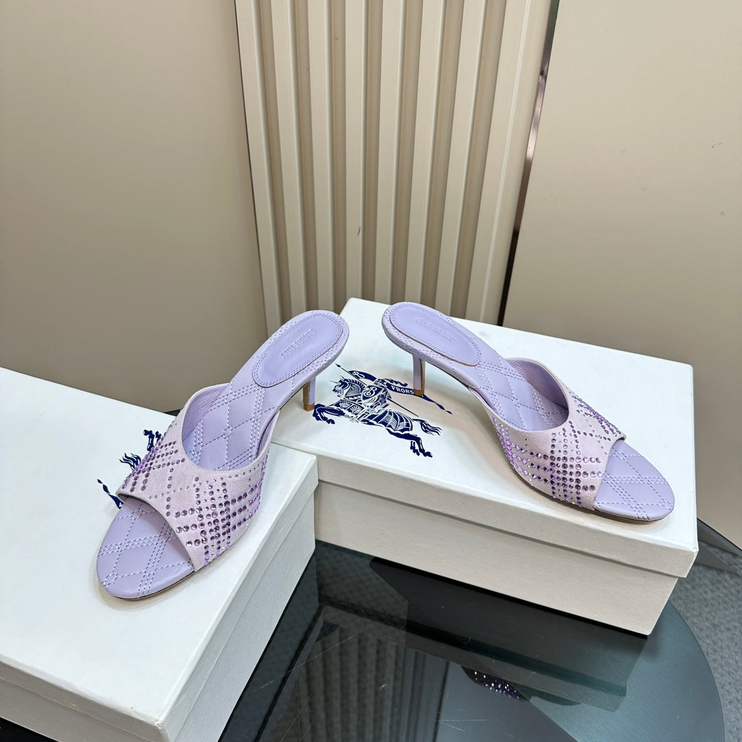 BURBERRY 26S HIGH-HEELED SANDALS 70 MM IN LIGHT PURPLE CALFSKIN AND SUEDE