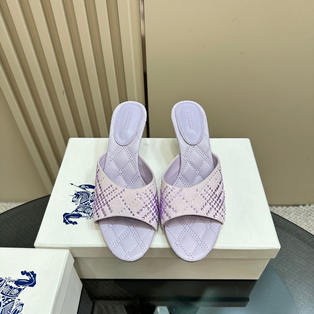 BURBERRY 26S HIGH-HEELED SANDALS 70 MM IN LIGHT PURPLE CALFSKIN AND SUEDE