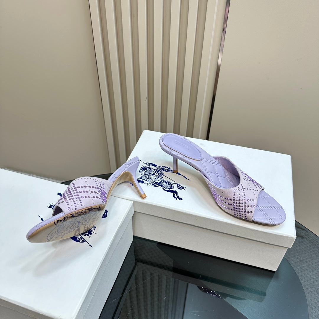 BURBERRY 26S HIGH-HEELED SANDALS 70 MM IN LIGHT PURPLE CALFSKIN AND SUEDE