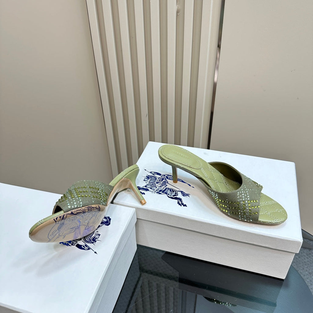 BURBERRY 26S HIGH-HEELED SANDALS 70 MM IN LIGHT GREEN CALFSKIN AND SUEDE