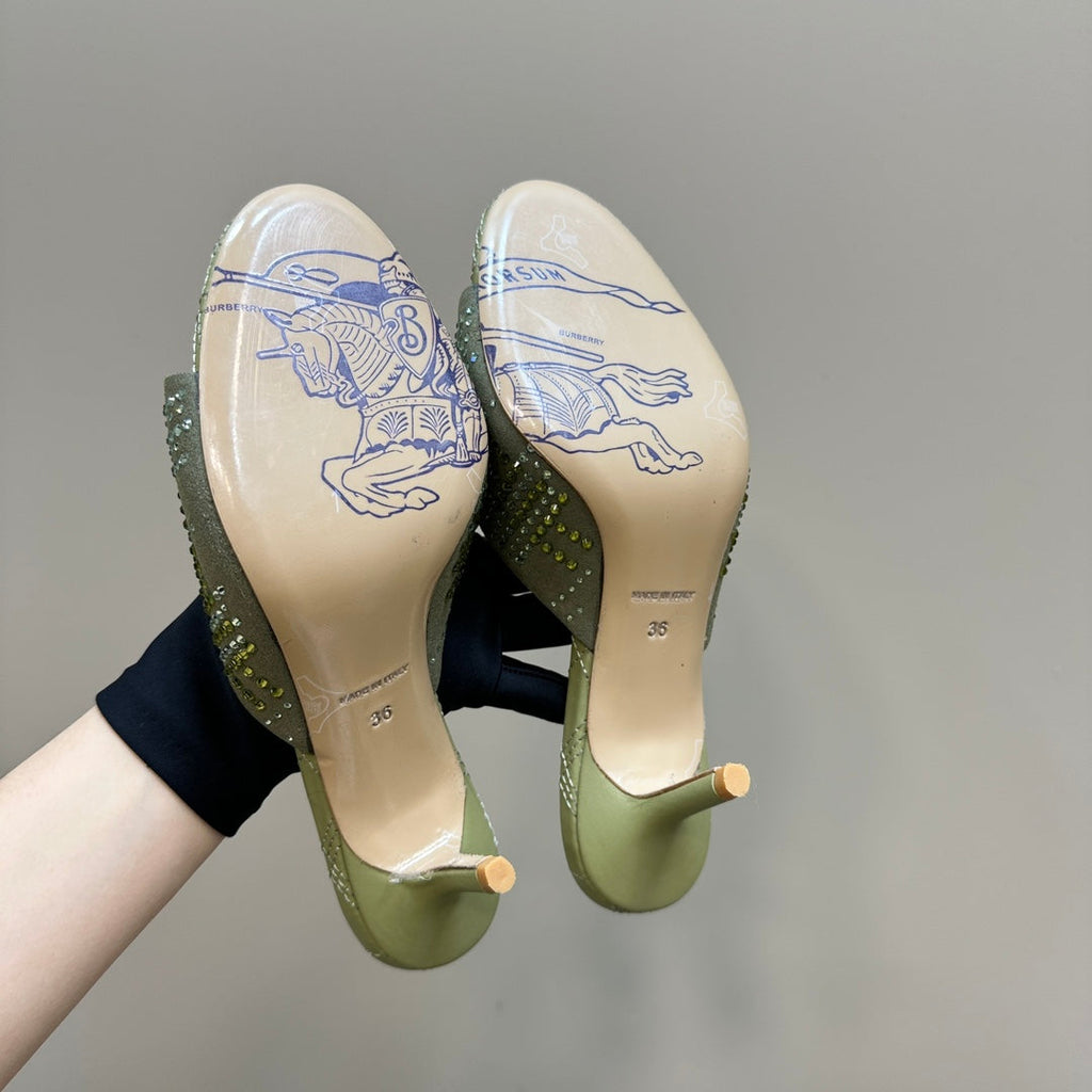BURBERRY 26S HIGH-HEELED SANDALS 70 MM IN LIGHT GREEN CALFSKIN AND SUEDE