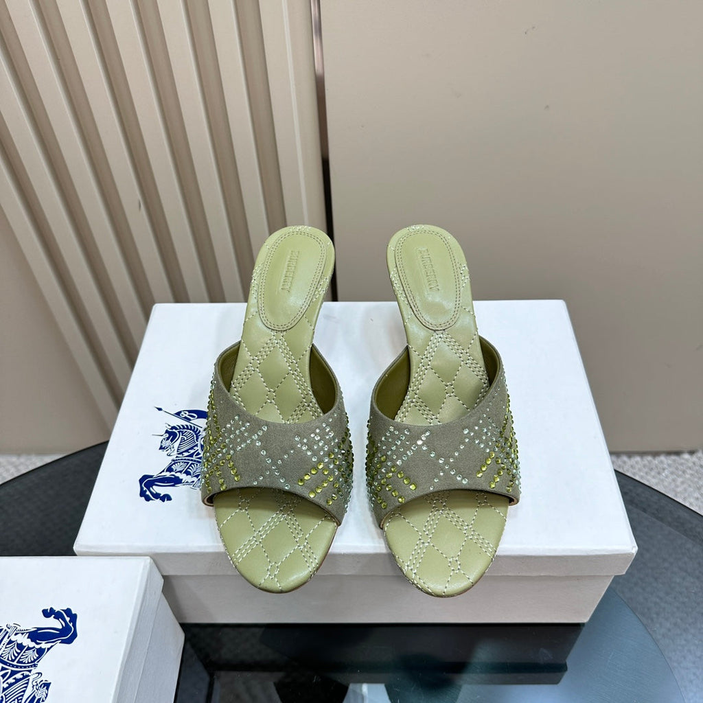 BURBERRY 26S HIGH-HEELED SANDALS 70 MM IN LIGHT GREEN CALFSKIN AND SUEDE