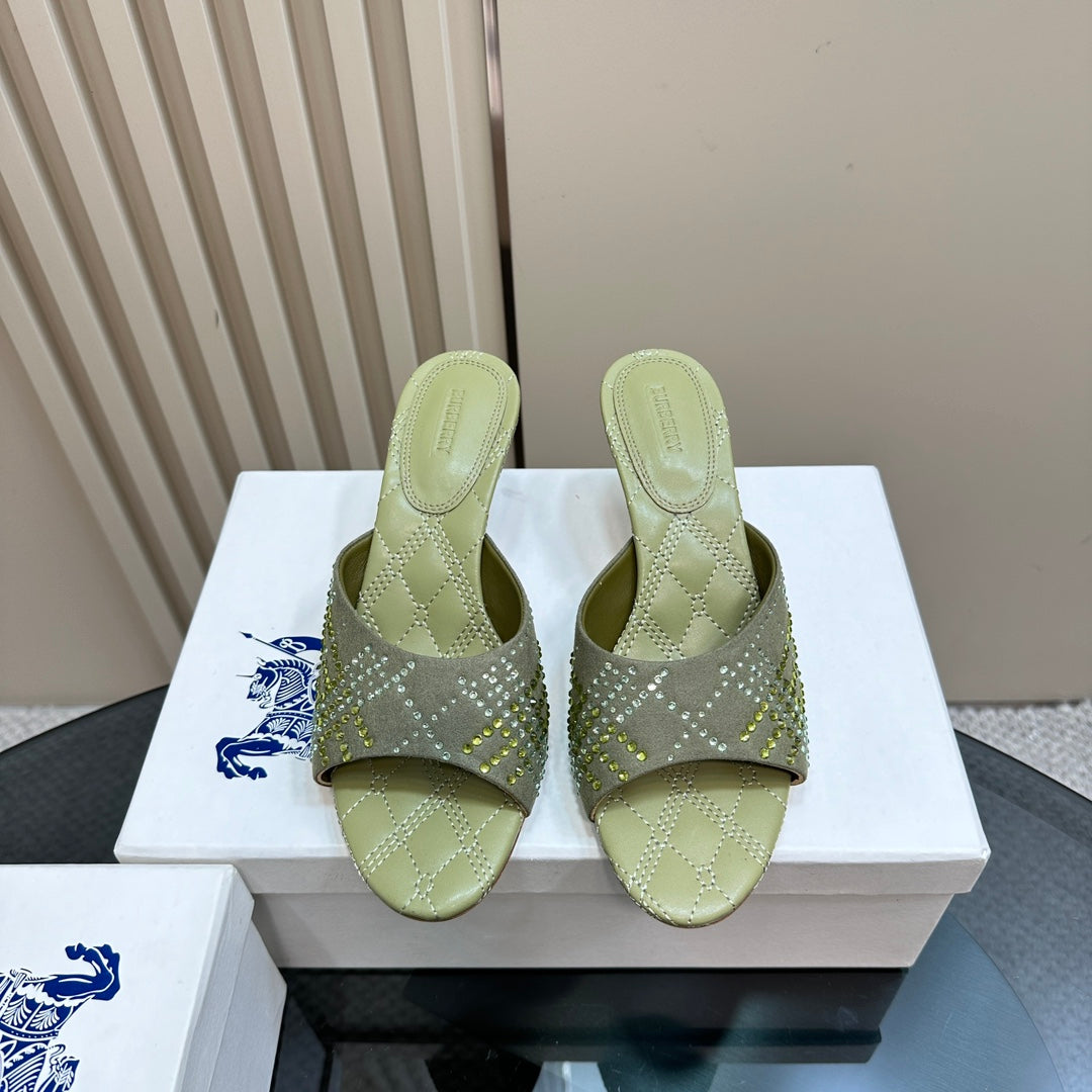 BURBERRY 26S HIGH-HEELED SANDALS 70 MM IN LIGHT GREEN CALFSKIN AND SUEDE
