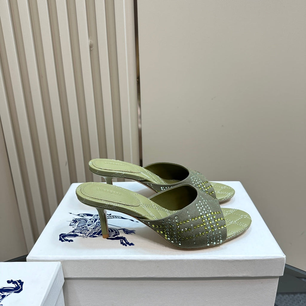 BURBERRY 26S HIGH-HEELED SANDALS 70 MM IN LIGHT GREEN CALFSKIN AND SUEDE