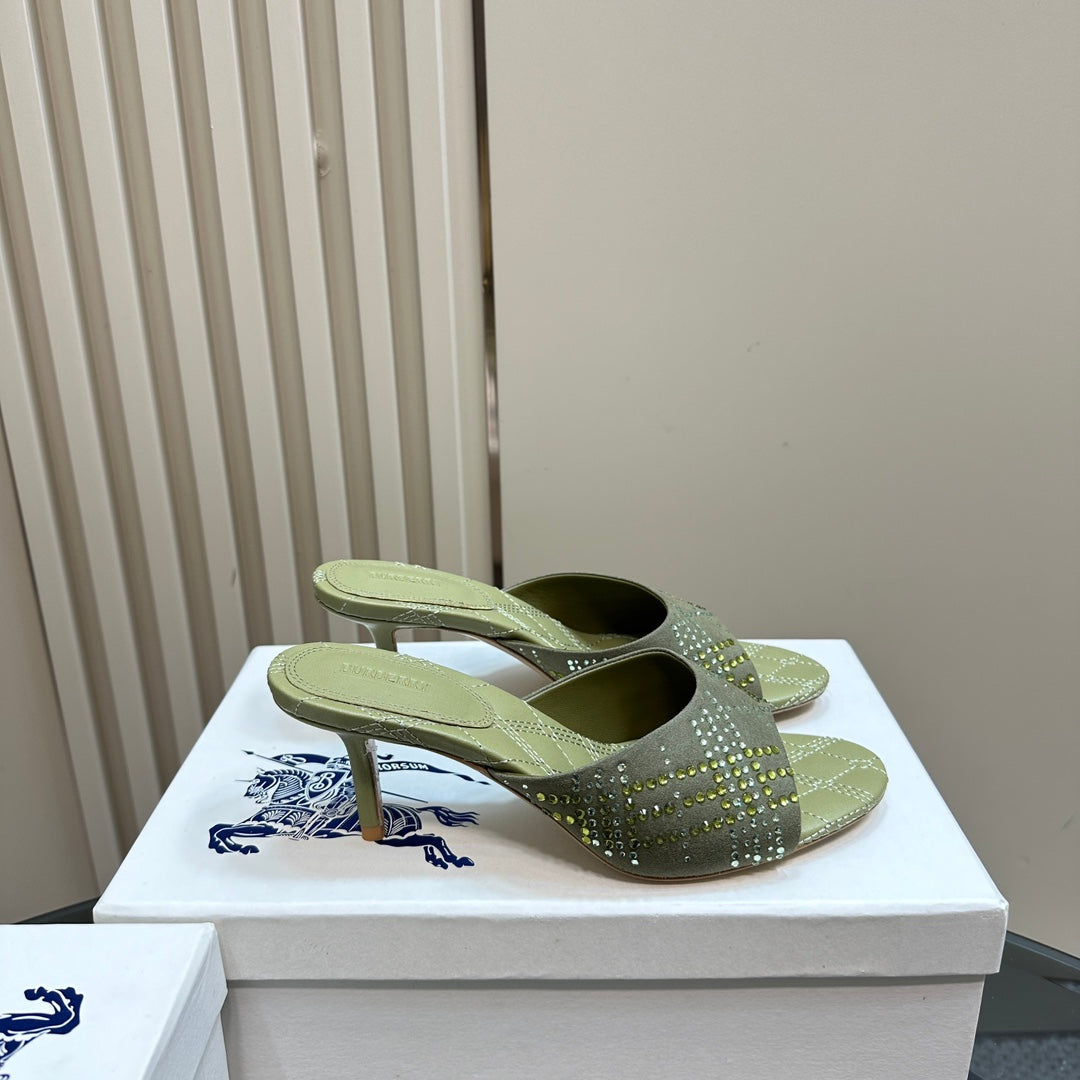 BURBERRY 26S HIGH-HEELED SANDALS 70 MM IN LIGHT GREEN CALFSKIN AND SUEDE
