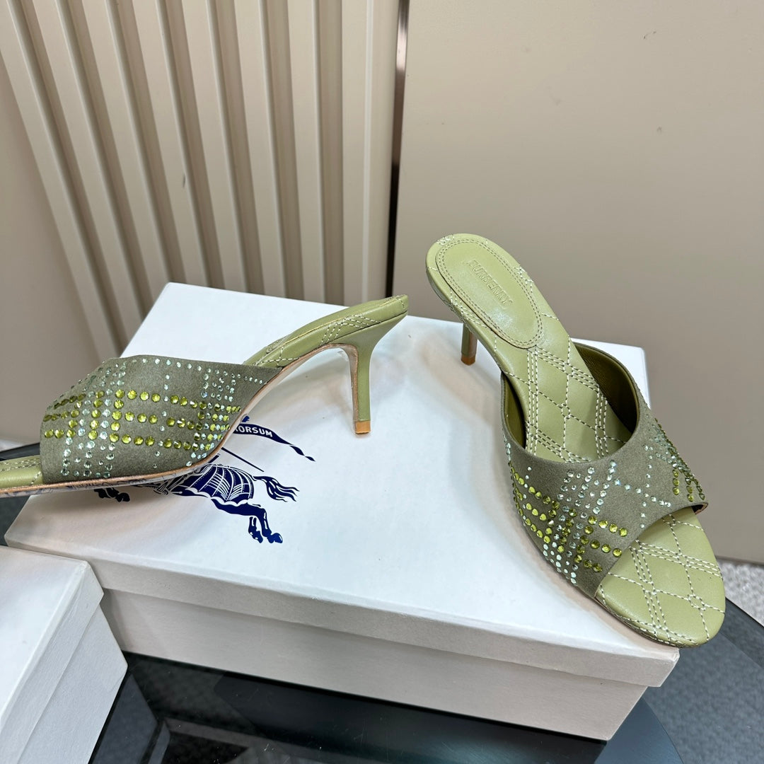 BURBERRY 26S HIGH-HEELED SANDALS 70 MM IN LIGHT GREEN CALFSKIN AND SUEDE