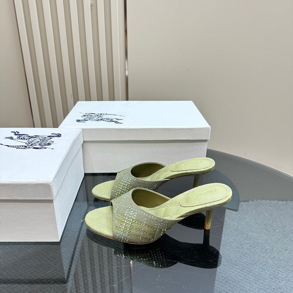 BURBERRY 26S HIGH-HEELED SANDALS 70 MM IN LIGHT GREEN CALFSKIN AND SUEDE