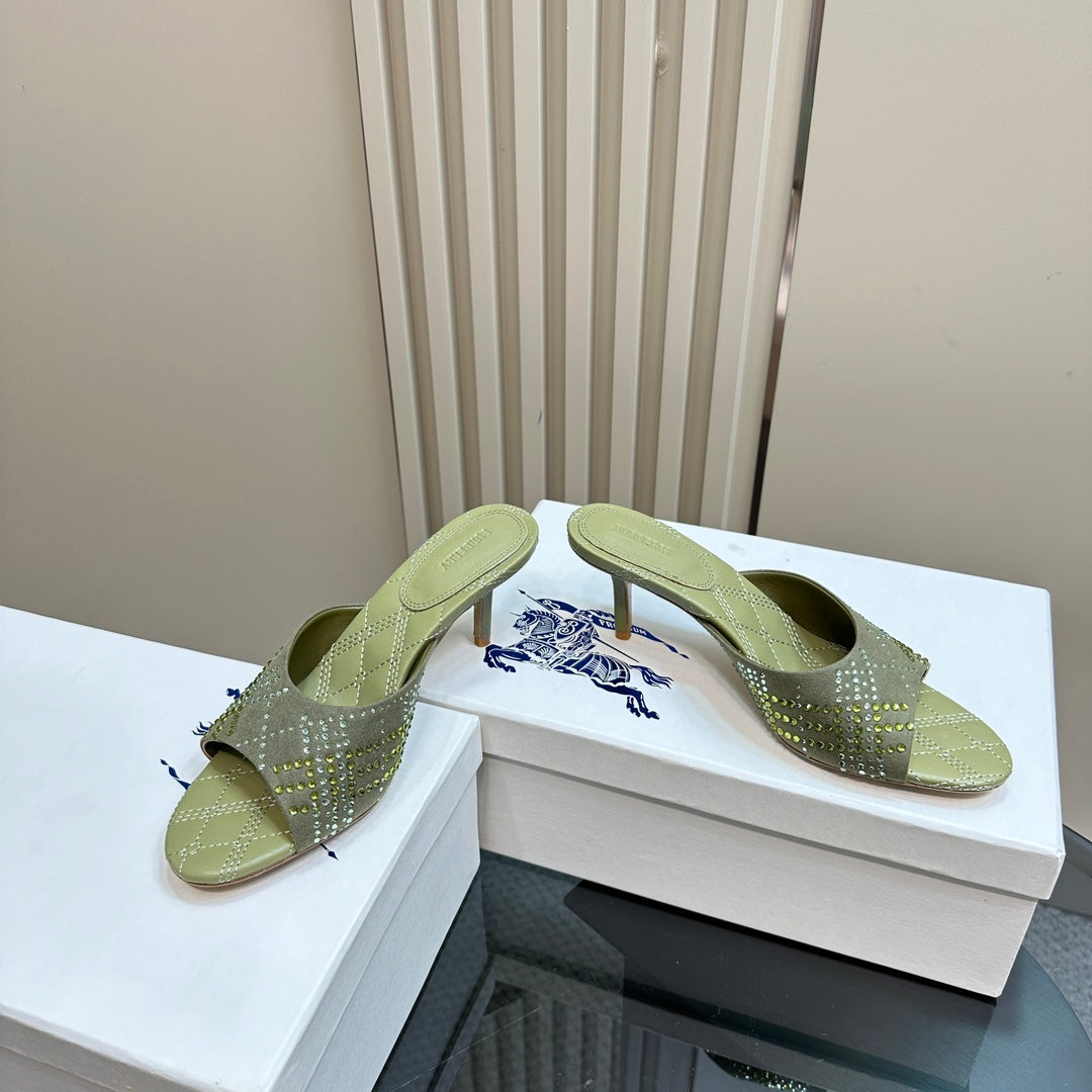 BURBERRY 26S HIGH-HEELED SANDALS 70 MM IN LIGHT GREEN CALFSKIN AND SUEDE