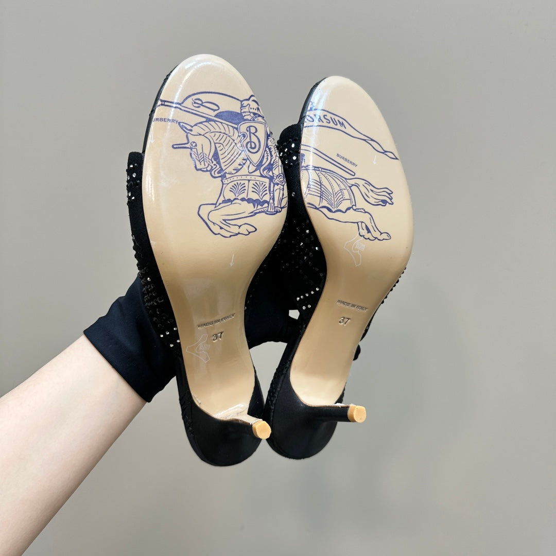 BURBERRY 26S HIGH-HEELED SANDALS 70 MM IN BLACK CALFSKIN AND SUEDE