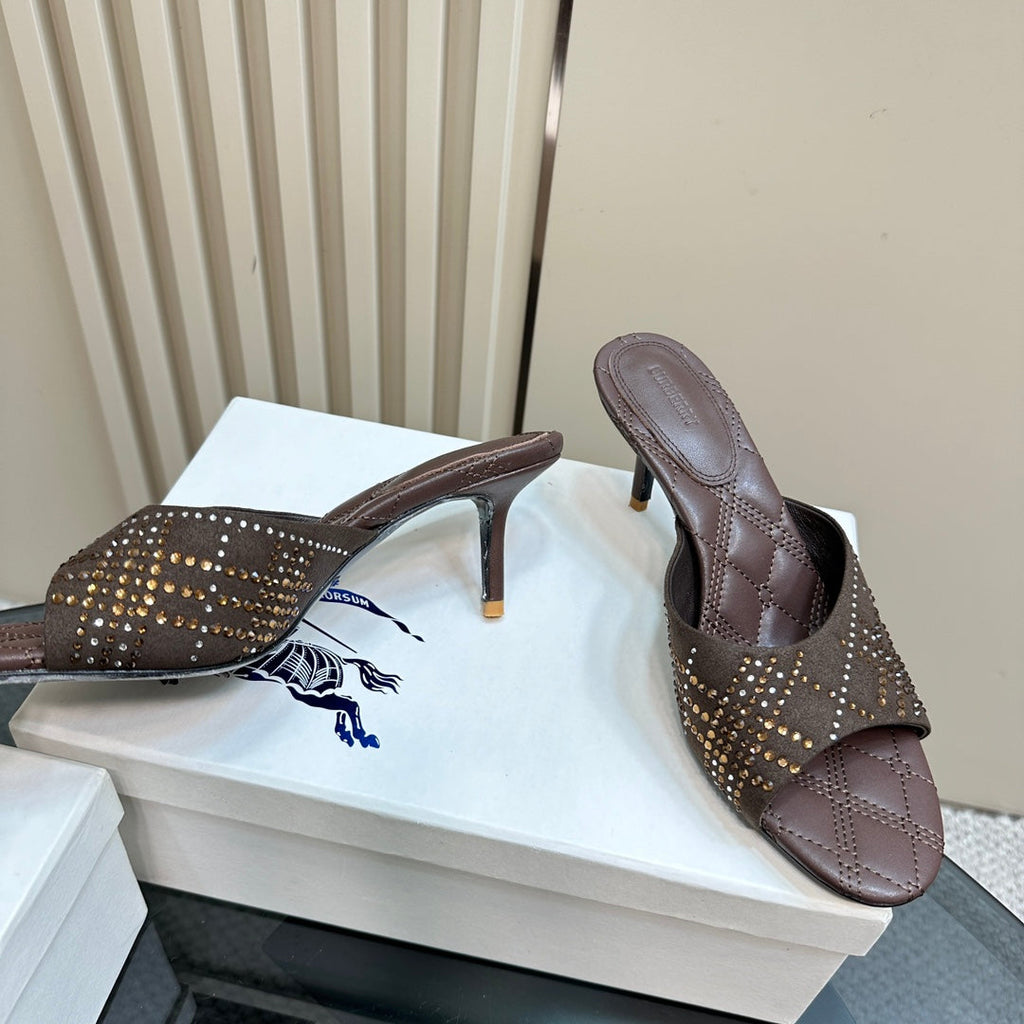 BURBERRY 26S HIGH-HEELED SANDALS 70 MM IN DARK BROWN CALFSKIN AND SUEDE