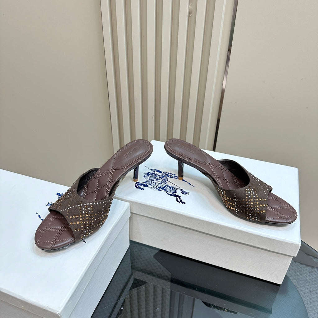 BURBERRY 26S HIGH-HEELED SANDALS 70 MM IN DARK BROWN CALFSKIN AND SUEDE