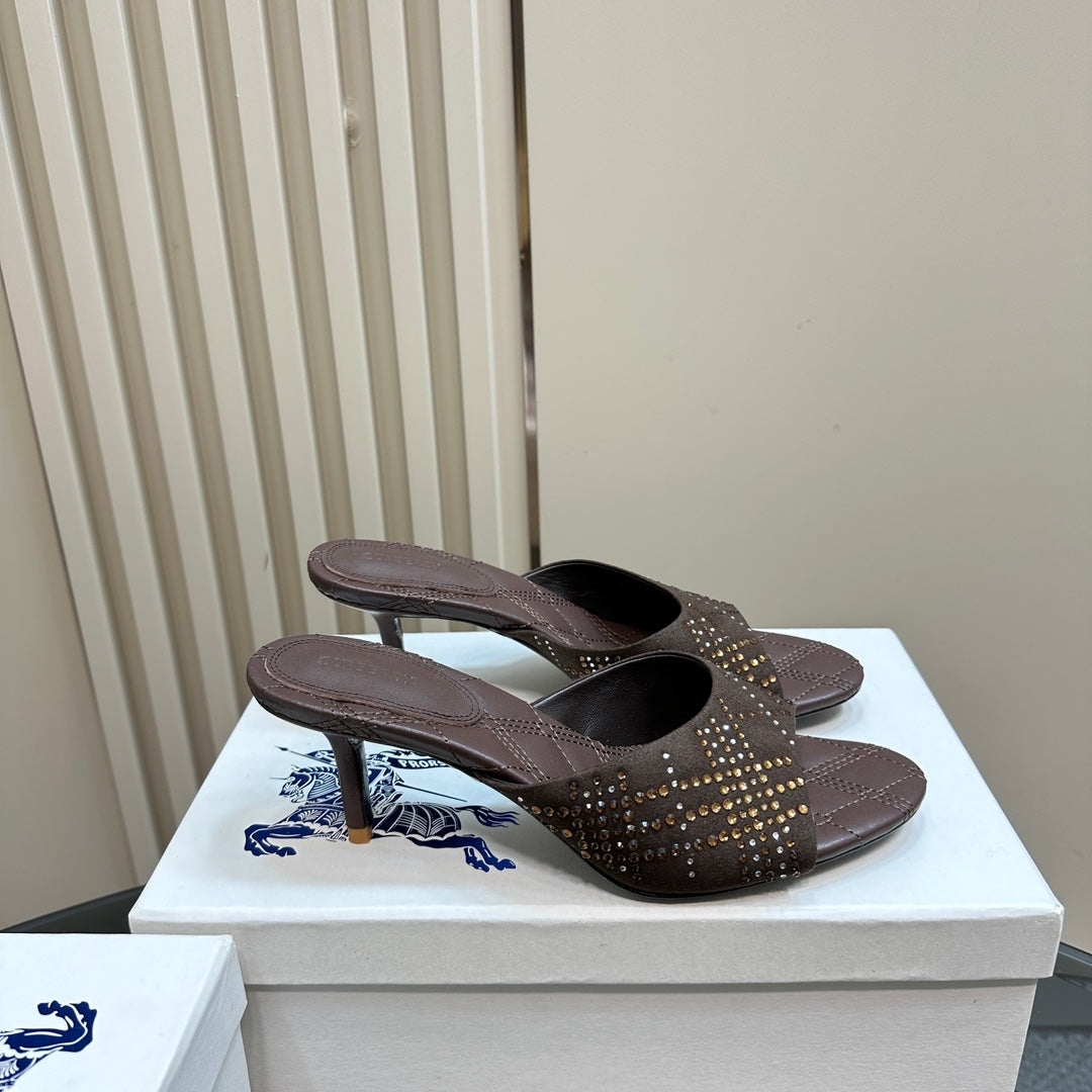 BURBERRY 26S HIGH-HEELED SANDALS 70 MM IN DARK BROWN CALFSKIN AND SUEDE