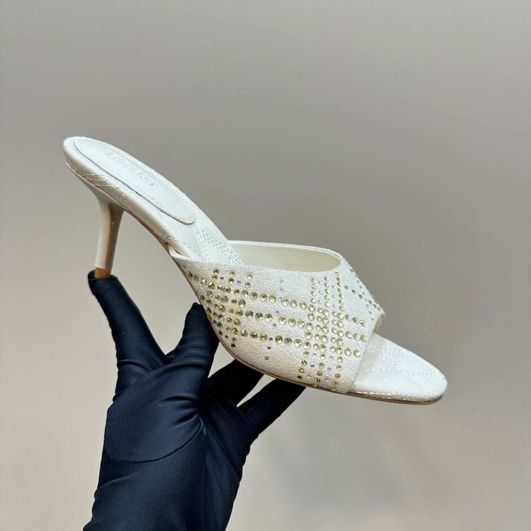 BURBERRY 26S HIGH-HEELED SANDALS 70 MM IN CREAM WHITE CALFSKIN AND SUEDE