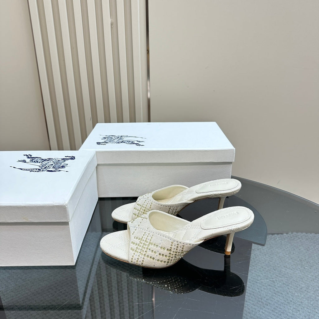 BURBERRY 26S HIGH-HEELED SANDALS 70 MM IN CREAM WHITE CALFSKIN AND SUEDE