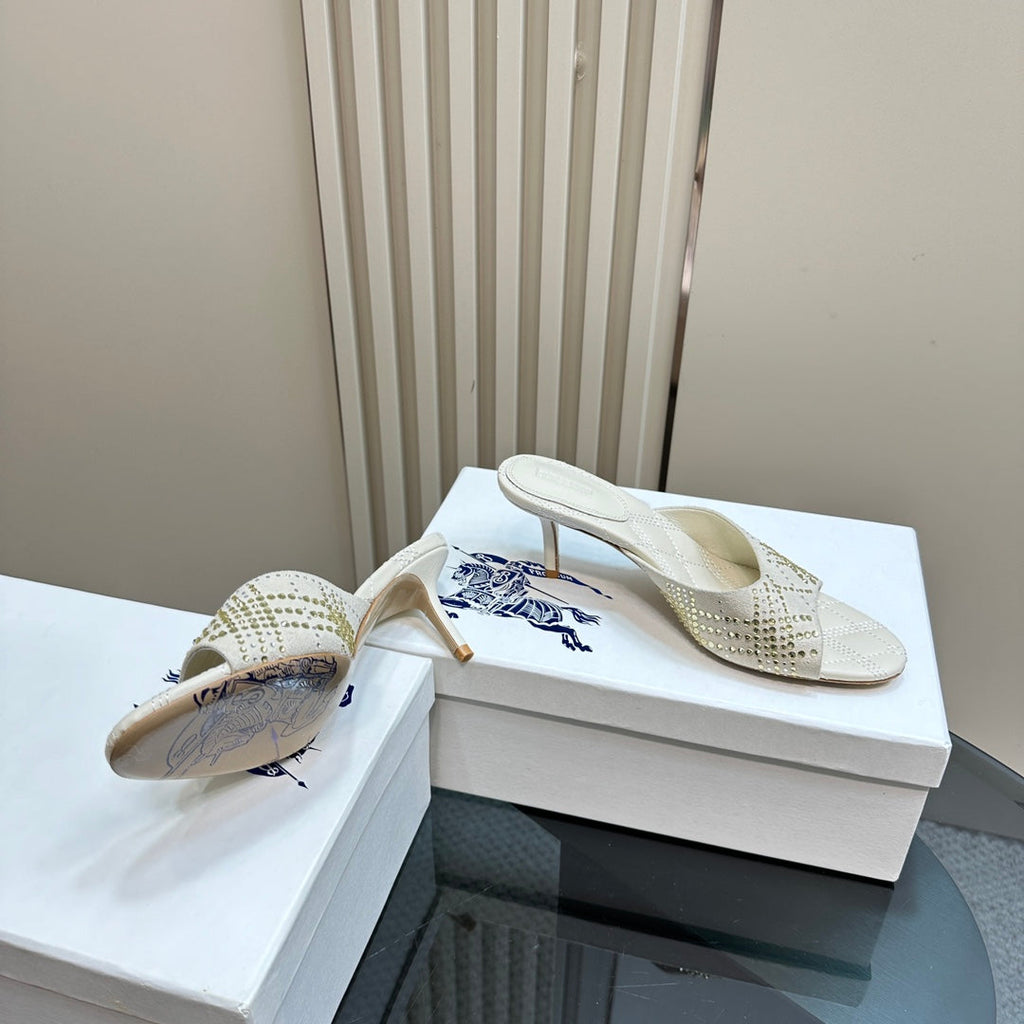 BURBERRY 26S HIGH-HEELED SANDALS 70 MM IN CREAM WHITE CALFSKIN AND SUEDE